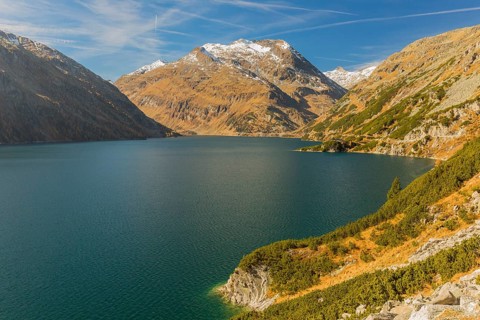 Kölnbrein reservoir on a bright sunny morning. Carithia, Austria, Europe