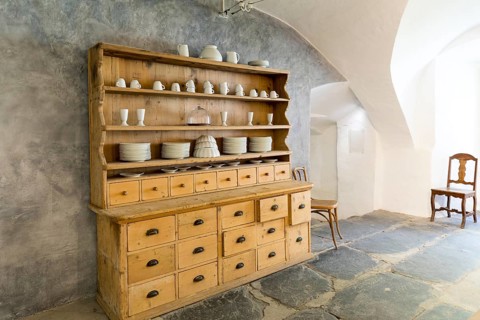Large buffet in the old kitchen in the former bathhouse Bad Pfäfers, St. Gallen, Switzerland,