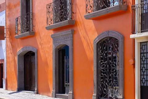 Scenic colorful colonial architecture of Cholula streets in historic center in Mexico Puebla