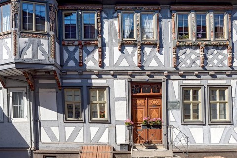 Duchscherer Haus, historic half-timbered house from the early Baroque period with bay window and