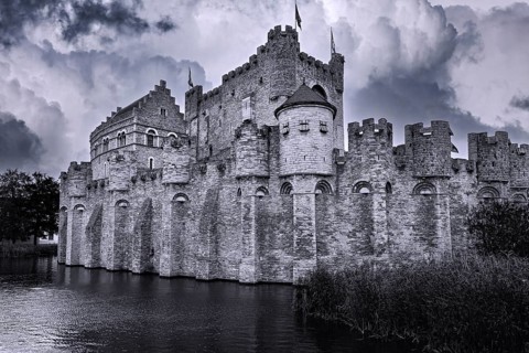 Castle Gravensteen, German Burg Grafenstein, moated castle, black and white image composition,