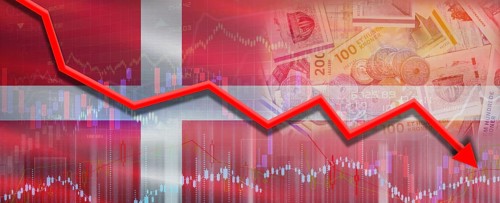 Denmark financial crisis on economic graph. Financial fall of Denmark on economy market