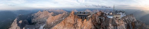 Alpine panorama, aerial view, Zugspitze and Zugspitze railway, high mountains, Bavaria, Germany,