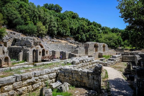 Butrint, Ksamil, Albania, The amphitheatre in ancient Butrint, Temple of Asclepius and theatre,