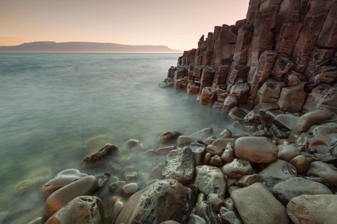 Basalt columns, columnar basalt, coast, long exposure, Hofsos or Hofsós, Skagafjörður, Norðurland,