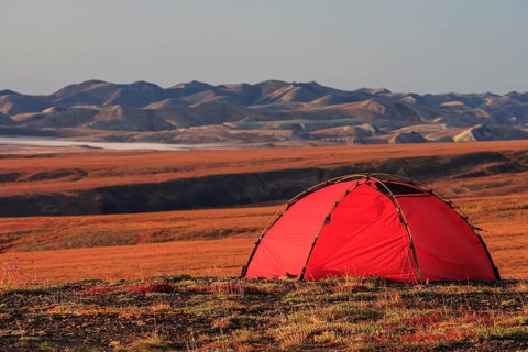 Red tent, mountain landscape, autumn, morning light, camping, camping, Dempster Highway, Northwest