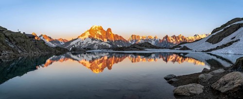 Evening mood, mountain landscape at sunset, alpenglow, water reflection in Lac Blanc with mountain