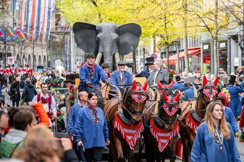 Parade of historically costumed guildsmen, Sechseläuten or Sächsilüüte, Zurich Spring Festival,