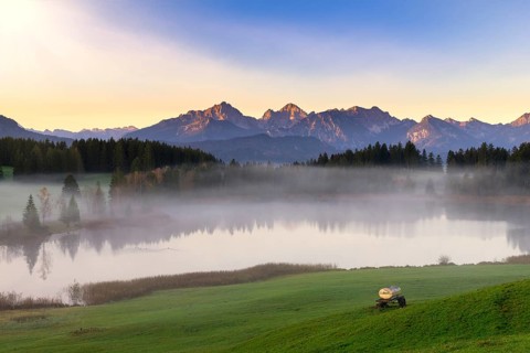 Mountain landscape with lake in the morning mist, clear atmosphere and soft lighting, Hegratsrieder