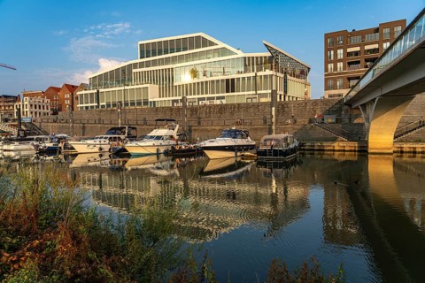 Maasboulevard and city harbour in Venlo, Netherlands