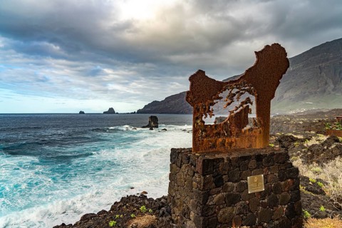 Sign at the viewpoint Mirador Punta Del Pozo, Las Puntas, El Hierro, Canary Islands, Spain, Europe