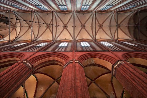 Vaulted ceiling of St Nicholas' Church, late Gothic brick building, built between 1381 and 1487,