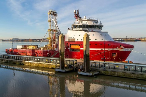 Dina Polaris built 2017 integrated geotechnical survey multi-purpose vessel at quayside, River