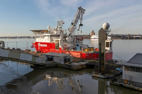 Fugro Atlantis Dweller ship built 2009 offshore supply vessel at quayside, River Mersey, Liverpool,
