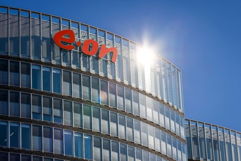 Essen, North Rhine-Westphalia, Germany, E.ON headquarters. Company logo on the facade of the