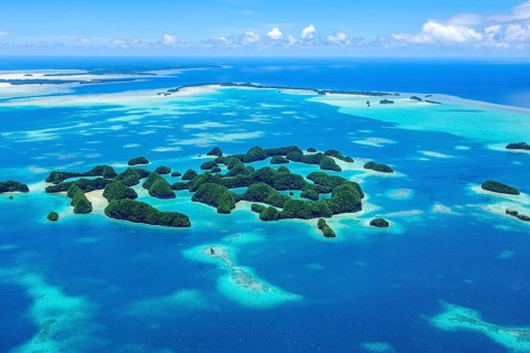 Aerial view of 70 Seventy Islands Rock Islands in island paradise island state Palau in the Pacific