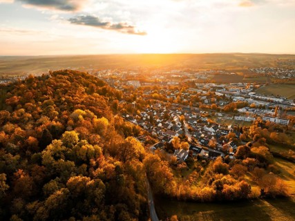 Cityscape at sunset, surrounded by autumnal trees in golden light, Herrenberg, Germany, Europe