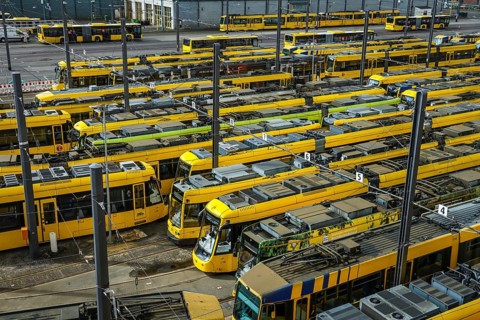 Essen, North Rhine-Westphalia, Germany, Trams at Ruhrbahn depot, Verdi and EVG warning strike,