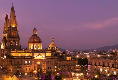 Mexico, Central Guadalajara Cathedral panoramic view in historic center Plaza de Armas, Central