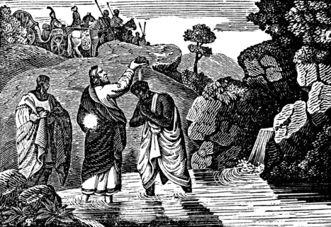 Philip baptising the chief chamberlain of Queen Kandaze of Moorland, New Testament, water spring,