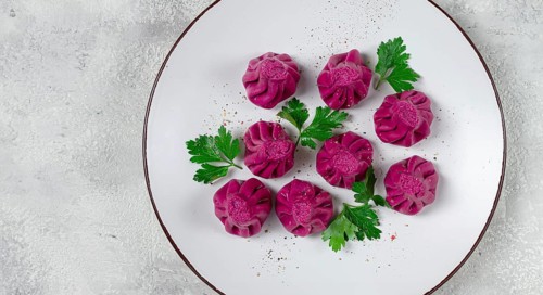 Beetroot khinkali, mini khinkali, purple, Georgian cuisine, no people
