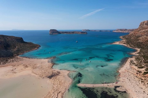 Drone shot, beach and bay of Balos, Gramvousa peninsula, Kolimbari, West Crete, Crete, Greece,