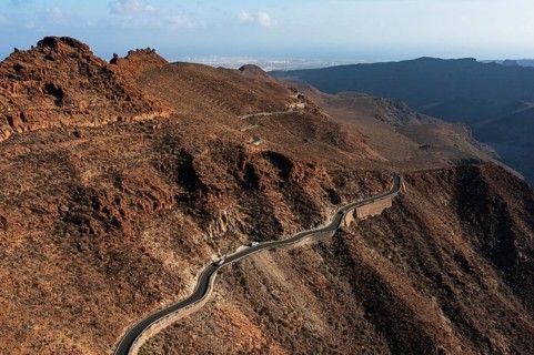 Drone shot, mountain road at the Degollade de las Yeguas viewpoint, Gran Canaria, Canary Islands,