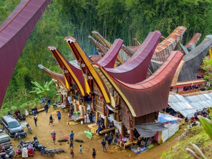 Traditional colourful houses, curved roofs, village in Tana Toraja, Sulawesi, Indonesia, Asia