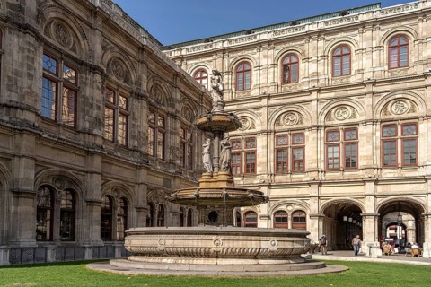 Opera fountain in front of the Vienna State Opera, Vienna, Austria, Europe