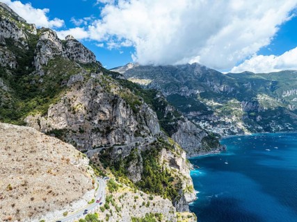 Amalfi Drive from a drone, Amalfi Coast, Positano, Italy, Europe