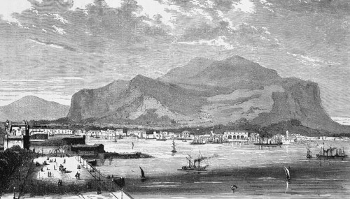 Landscape with city view of Palermo with the mountain Monte Pellegrino, capital of the