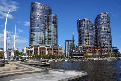Skyline at Elisabeth Quay, harbour, Perth, State of Western Australia, Australia, Oceania