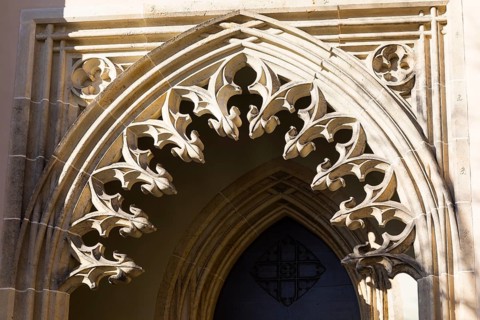 Tracery on the side portal of St Aegidien Church in Oschatz, Saxony, Germany, Europe
