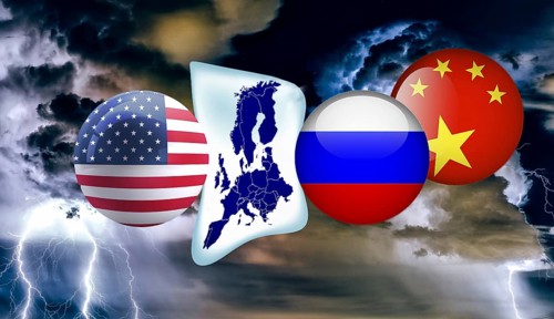 Symbolic image, EU European Union and Germany under pressure between USA-China-Russia, Donald