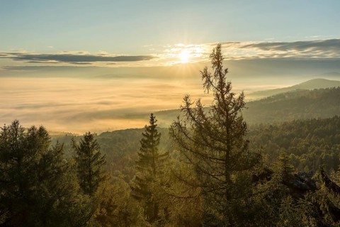 Bohemian view at the Töpfer in the morning light, sunrise over the sea of fog, Zittau Mountains,