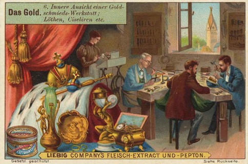 Picture series The Gold, interior view of a goldsmith's workshop, Liebig picture, digitally