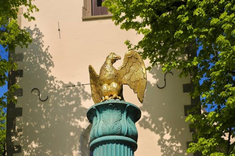 Fountain in front of the Protestant town church, green fountain with golden bird, detail, bird