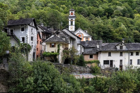 View of Prato with typical Ticino houses, Lavizzara, Canton Ticino, Switzerland, Europe
