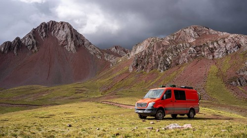 Offroad camper van in the Peruvian Andes, Pallay Punchu Rainbowmountain, Layo, Peru, South America