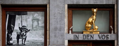 Baroque façade detail of the Guildhall In den Vox with photo exhibition by Elliott Erwitt,