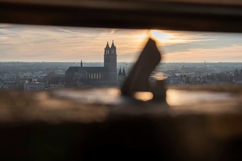 Magdeburg Cathedral at sunset and dramatic sky, Magdeburg, Saxony-Anhalt, Germany, Europe