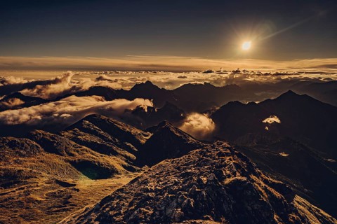 Sunrise hike on the Hochplatte in the Ammergau Alps, Ammergebirge in the Allgäu, Bavaria, Germany,