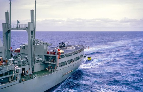 Helicopter on deck, aft end RFA Lyness ship in Atlantic Ocean, Royal Navy, slide dated April 1972