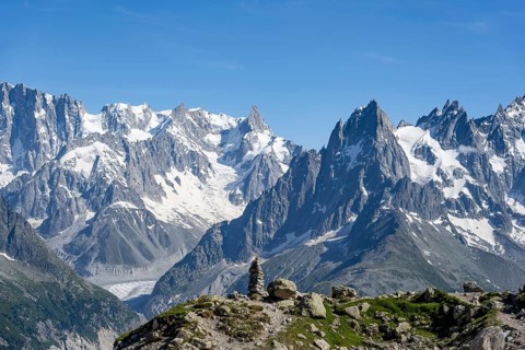 Mountain landscape with mountain peak Grandes Jorasses and glacier Mer de Glace, Mont Blanc massif,