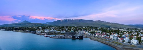 Iceland, panoramic skyline view of Akureyri town and Eyjafjordur Fjord, Europe