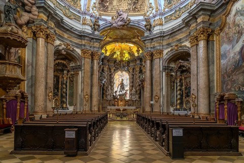 Interior of the monastery church of St. Georg Weltenburg near Weltenburg, Bavaria, Germany, Europe