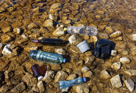 Environmental pollution, Household waste washed up on the lake shore, Plastic and glass bottles,