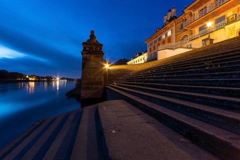 Staircase to the Elbe at the Water Palace of Pillnitz Castle at dusk, Dresden, Saxony, Germany,