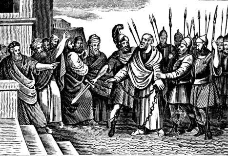The apostle Paul tells the Jews in Jerusalem the story of his conversion to Christianity, soldiers