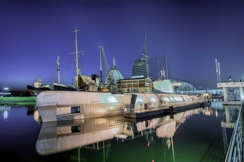 Harbour world illuminated night submarine Bremerhaven Germany